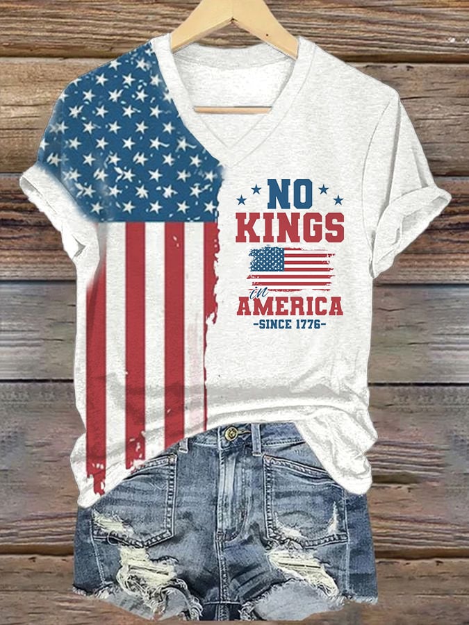 Women's No Kings In America Print V-Neck T-Shirt
