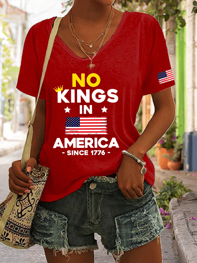 Women's No King In America Printed V-Neck T-Shirt
