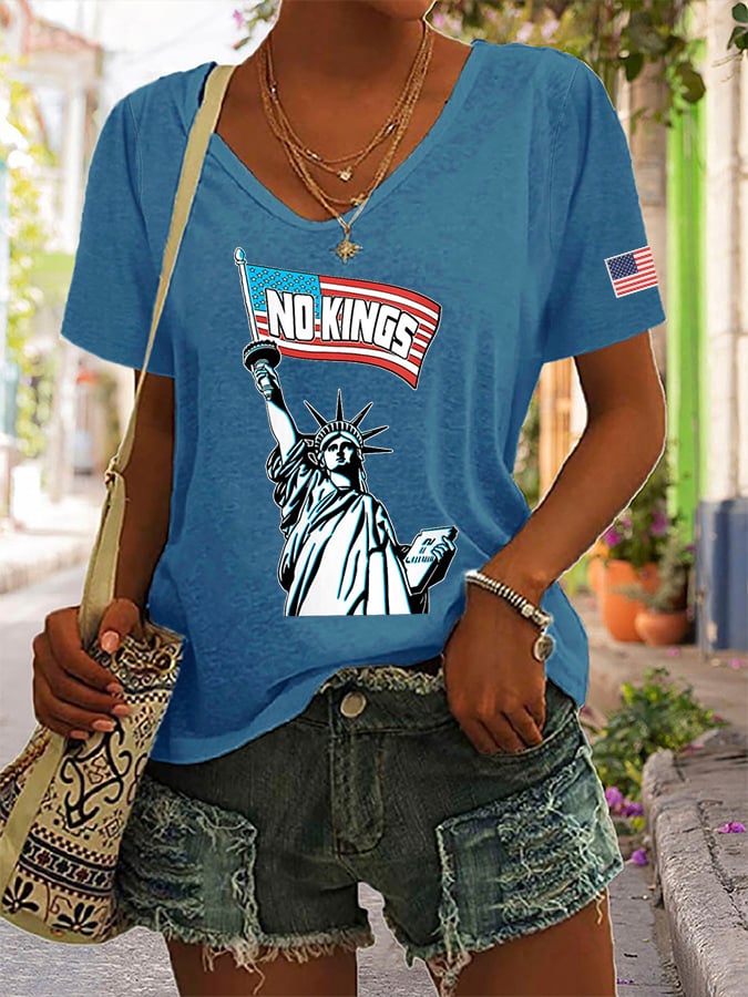 Women's "NO KINGS" Statue of Liberty Print V-Neck T-Shirt
