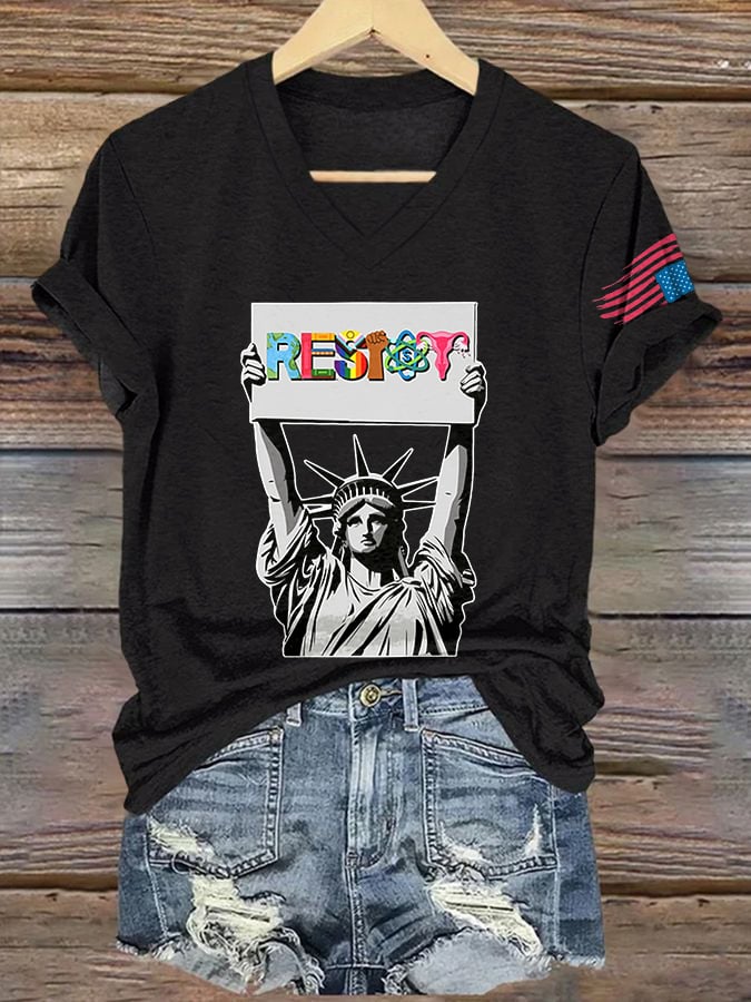 V Neck Retro Resist Print T-Shirt