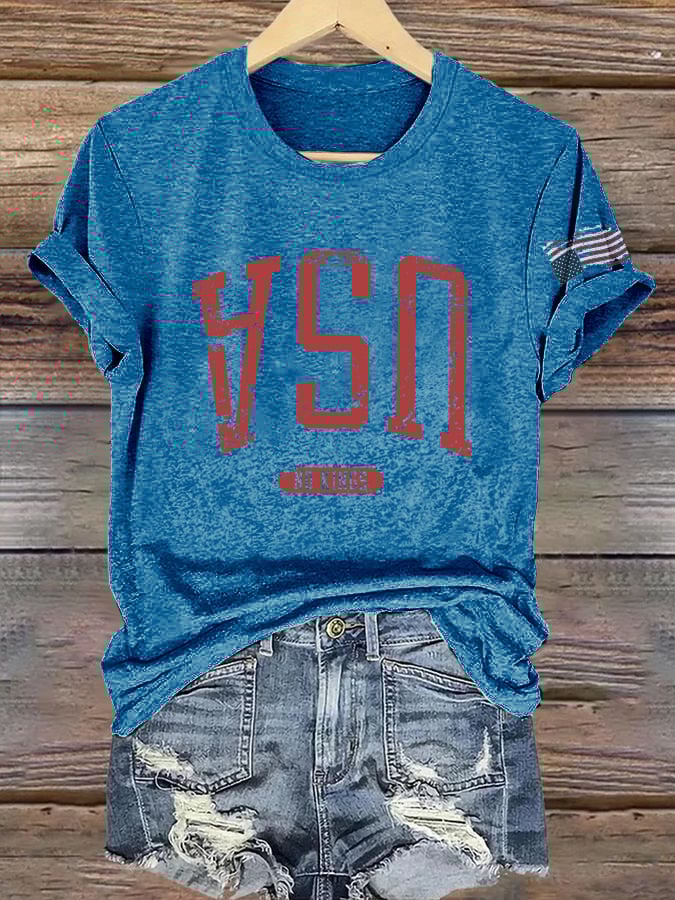 Retro Upside Down USA & Flag No Kings Print T-Shirt