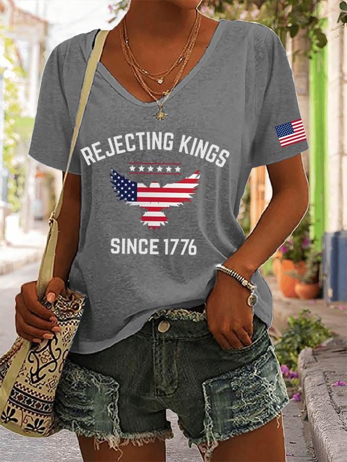 Women's Rejecting Kings Since 1776 Printed V-Neck T-Shirt