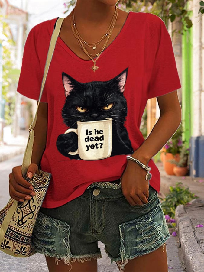 Women's Casual Cat Cotton Multicolor T-shirt