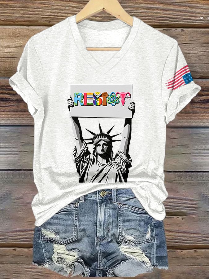 V Neck Retro Resist Print T-Shirt