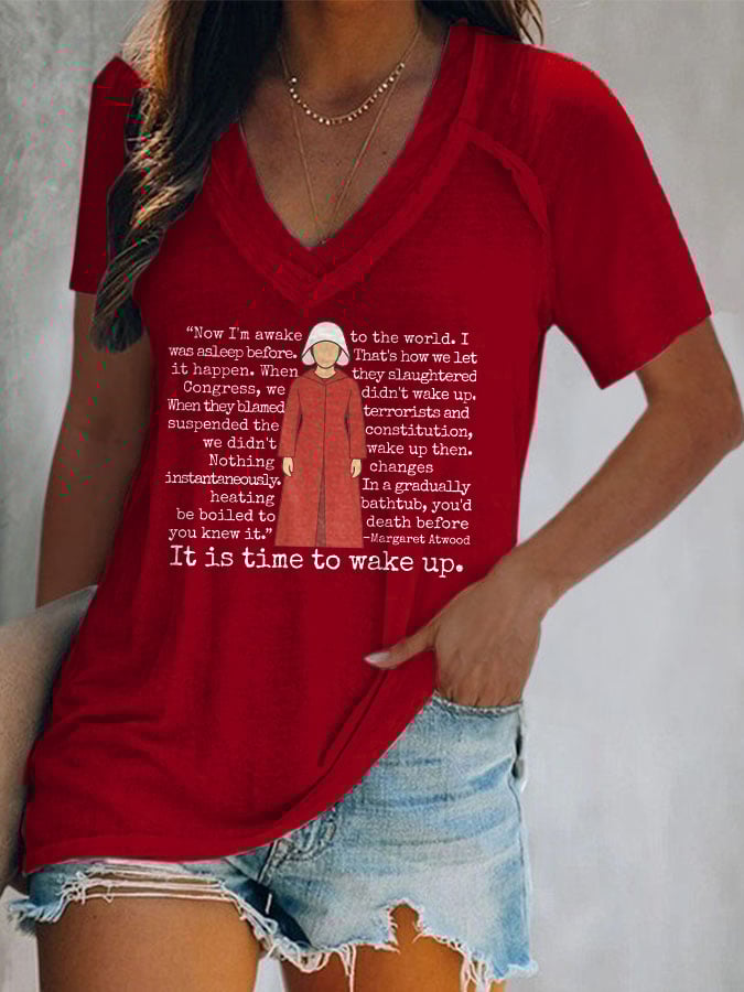 V-Neck Retro It Is Time To Wake Up Print T-Shirt