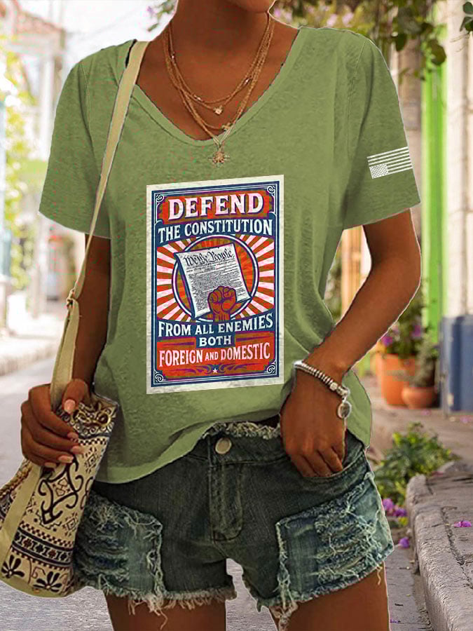 V-Neck Retro Defend The Constitution From All Enemies Both Foreign And Domestic Print T-Shirt
