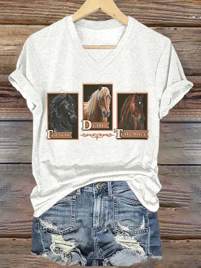 Women's casual fashion FDT horse print T-shirt
