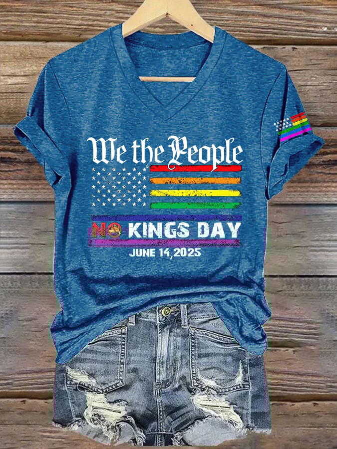 V-Neck Retro We The People No Kings Day June 14, 2025 Print T-Shirt
