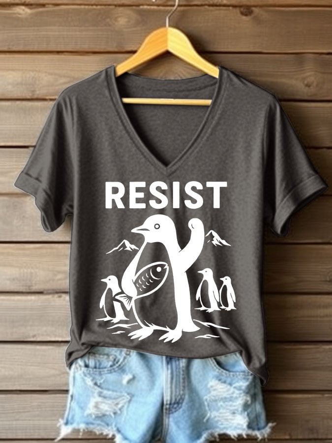 Women's Penguins Resist Printed V Neck T-shirt