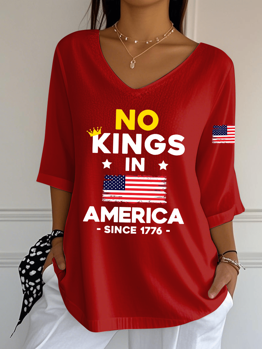 Women's No King In America Print Striped Fabric Casual V-Neck T-Shirt