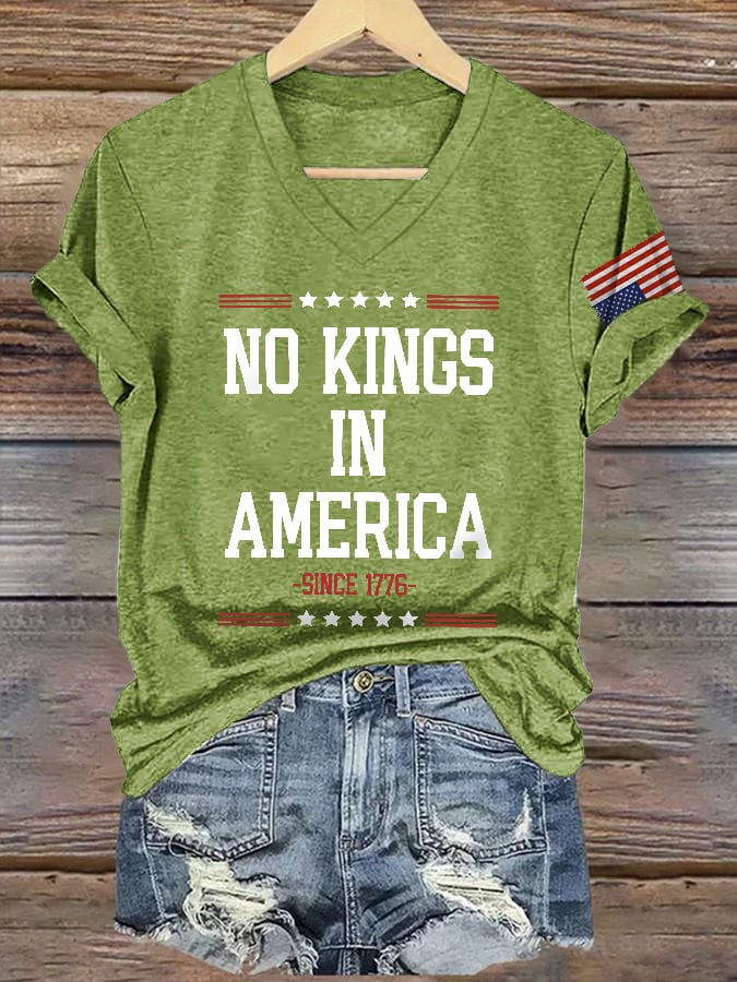 V-Neck Retro No Kings In America Since 1776 Print T-Shirt