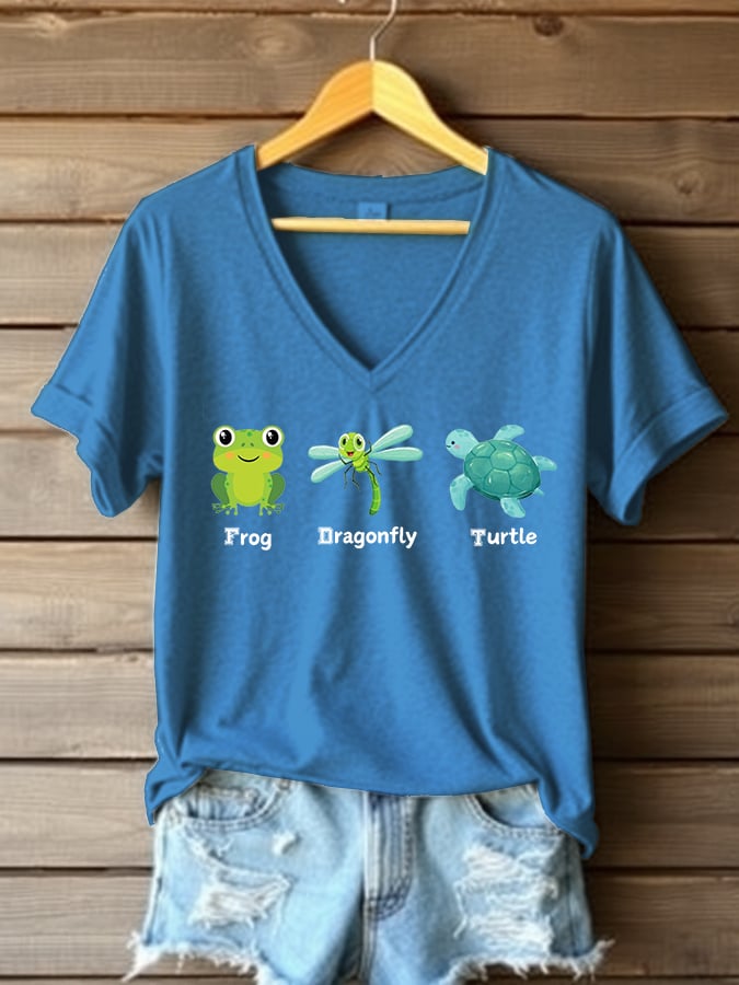 Women's Frog Dragonfly Turtle Printed V Neck T-shirt