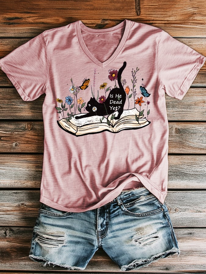 Women's casual fashion FDT cat V-neck T-shirt