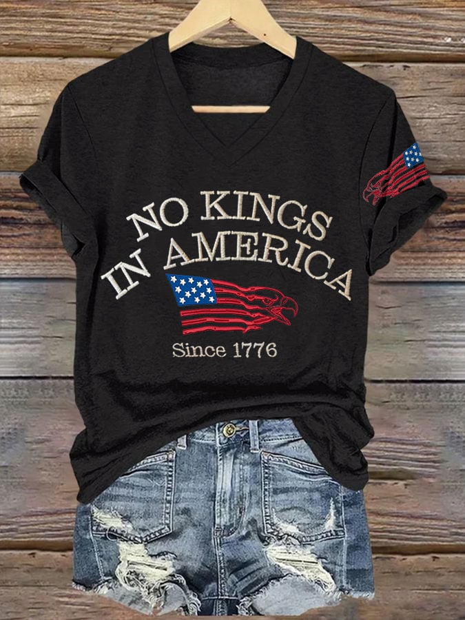 V-neck Retro No Kings In America Since 1776 Print T-Shirt