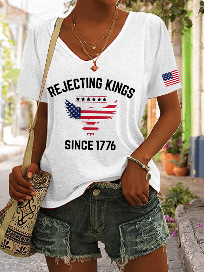 Women's Rejecting Kings Since 1776 Printed V-Neck T-Shirt