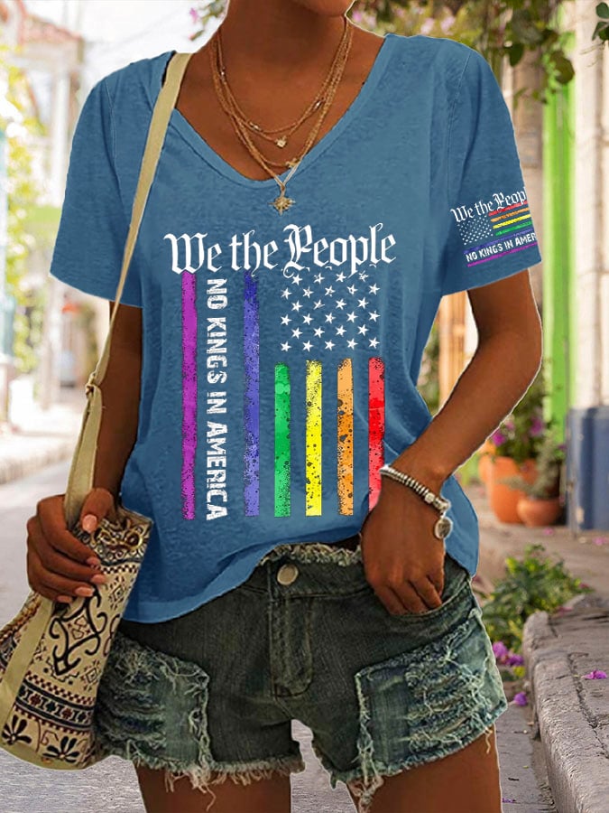 V-Neck Retro We The People No Kings In America Print T-Shirt