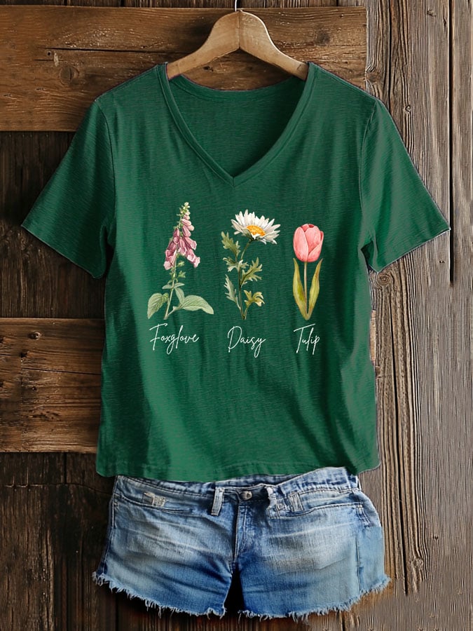 Women's Casual Fashion Floral Fdt Print T-Shirt