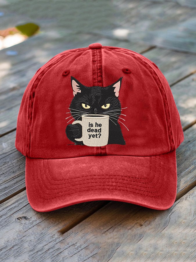 Unisex Washed Cotton Black Cat Is He Dead? Embroidered Hat