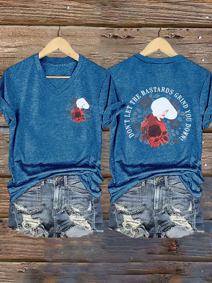 V-Neck Retro Don't Let The Bastards Grind You Down Print T-Shirt