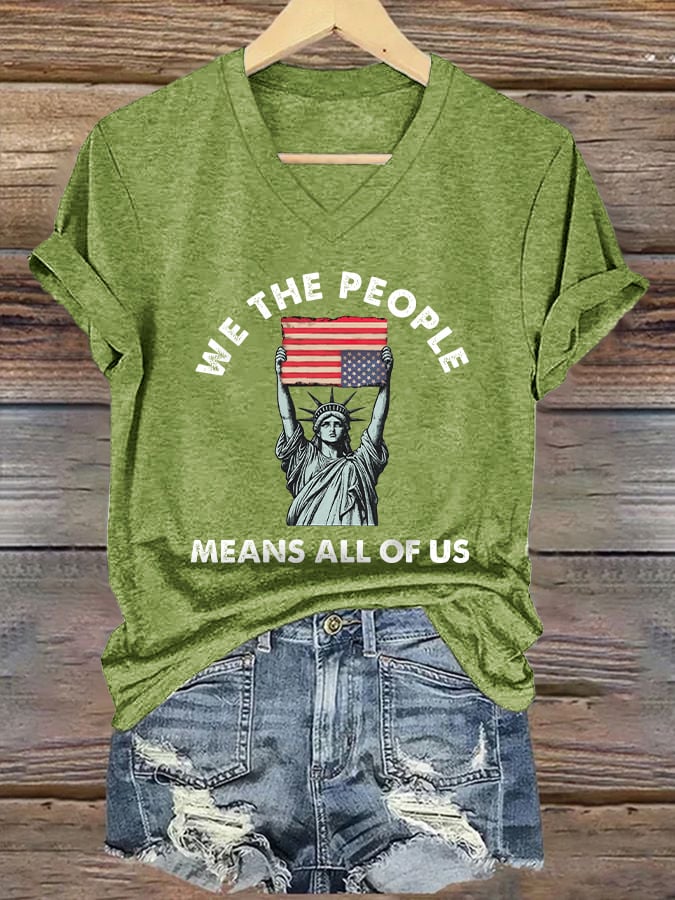 V-Neck Retro We The People Means All Of Us Print T-Shirt