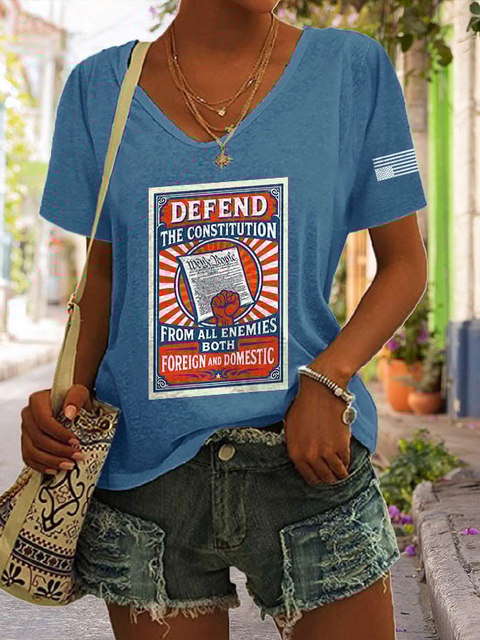 V-Neck Retro Defend The Constitution From All Enemies Both Foreign And Domestic Print T-Shirt