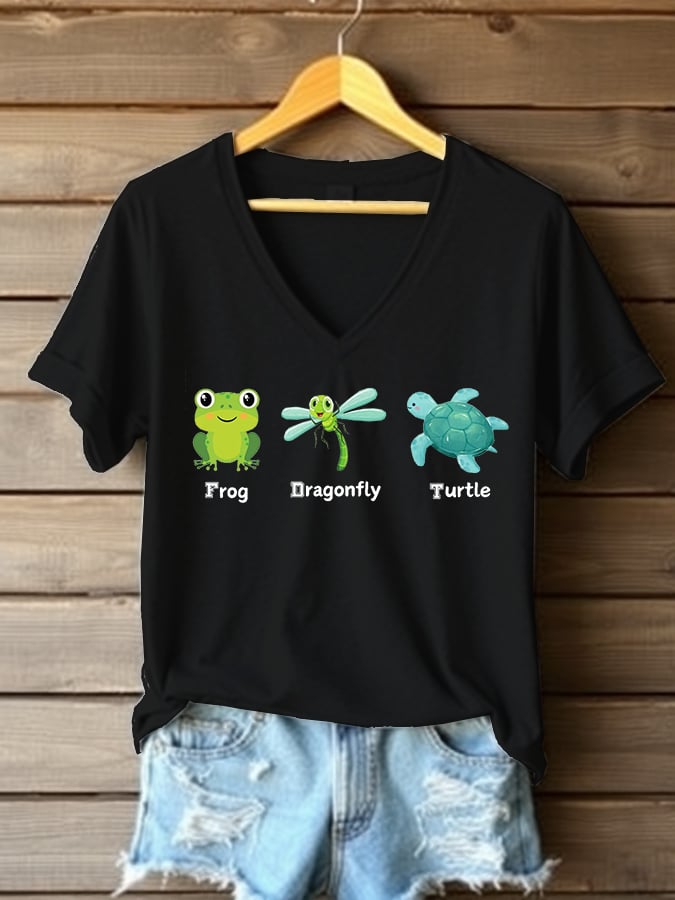 Women's Frog Dragonfly Turtle Printed V Neck T-shirt