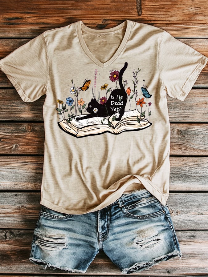 Women's casual fashion FDT cat V-neck T-shirt