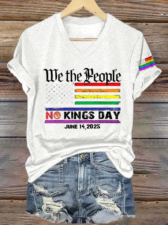 V-Neck Retro We The People No Kings Day June 14, 2025 Print T-Shirt