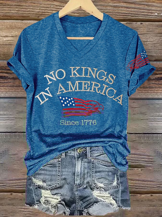 V-neck Retro No Kings In America Since 1776 Print T-Shirt