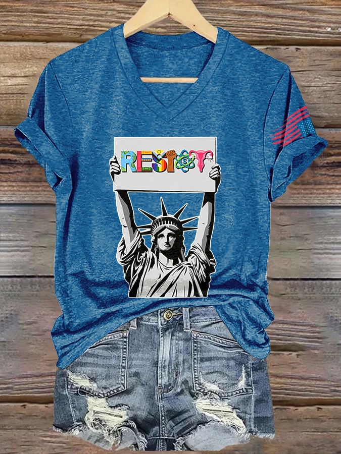 V Neck Retro Resist Print T-Shirt