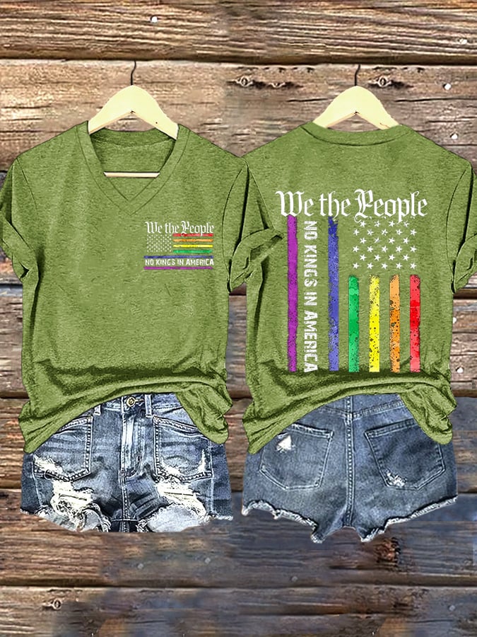 V-Neck Retro We The People No Kings In America Print T-Shirt