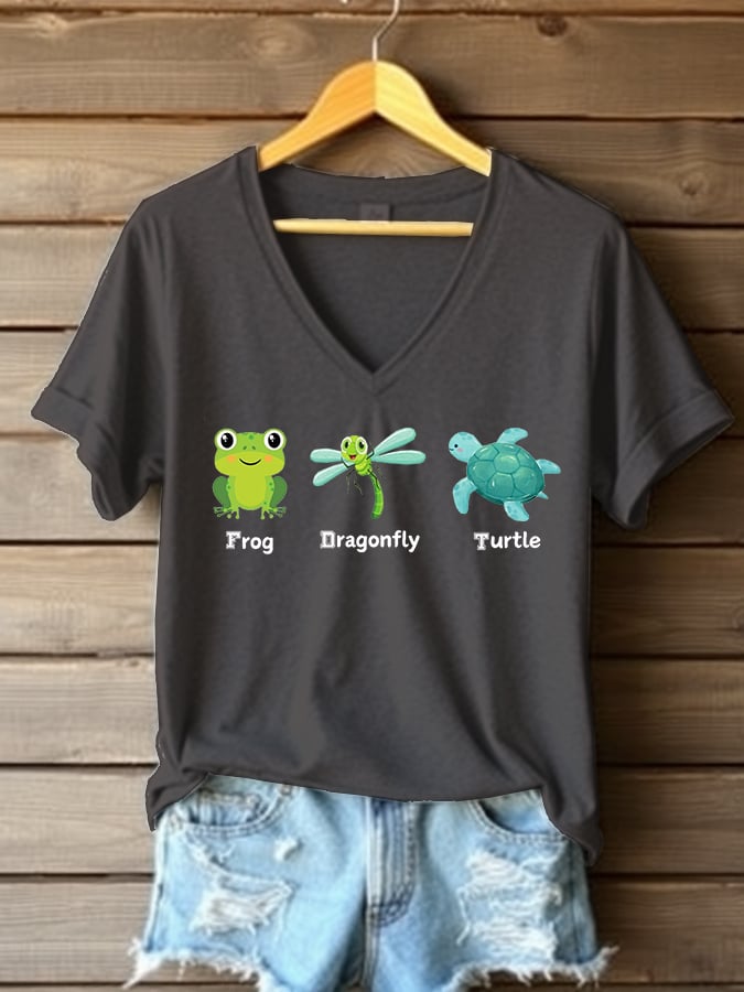 Women's Frog Dragonfly Turtle Printed V Neck T-shirt