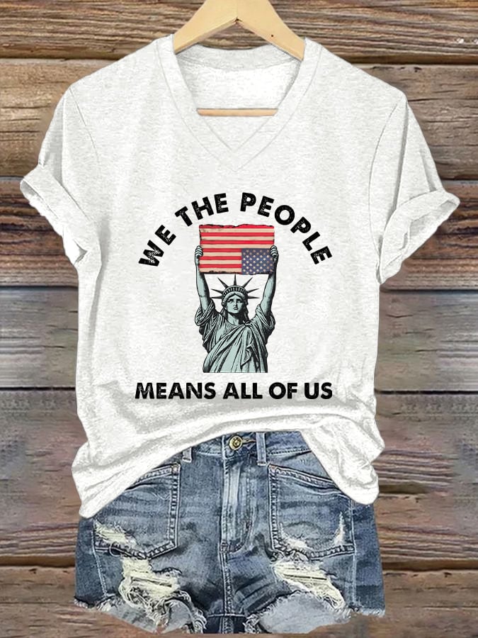 V-Neck Retro We The People Means All Of Us Print T-Shirt