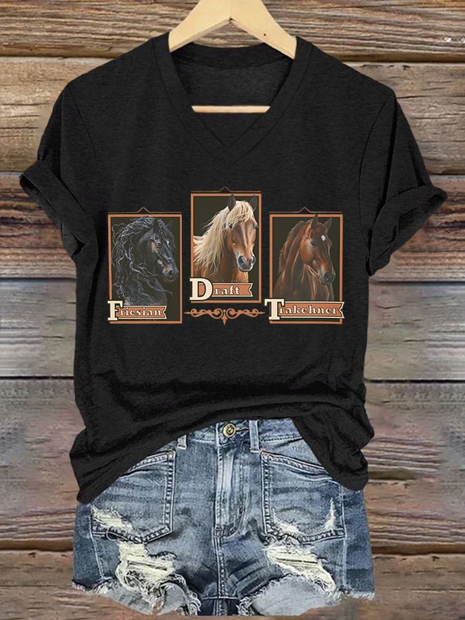 Women's casual fashion FDT horse print T-shirt