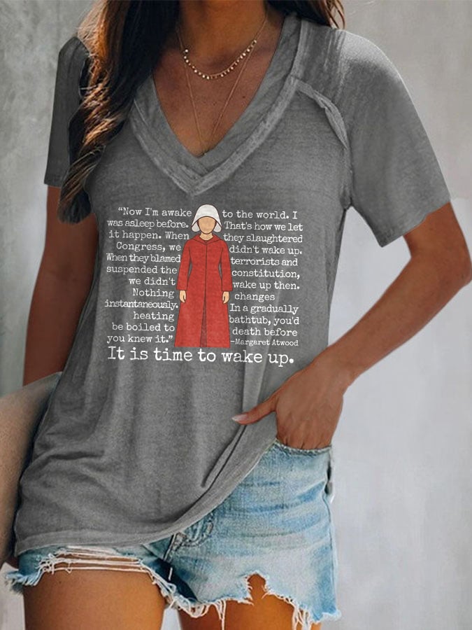V-Neck Retro It Is Time To Wake Up Print T-Shirt