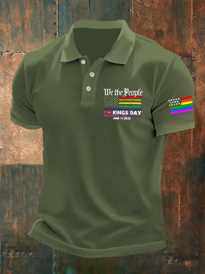 Man's Vintage We The People No Kings Day June 14, 2025 Printed Polo Shirt