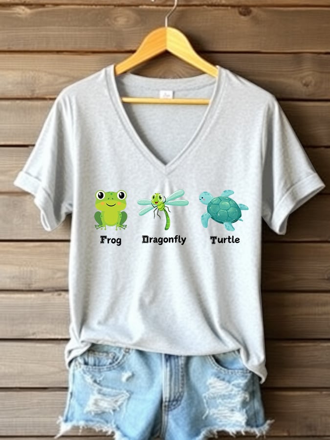 Women's Frog Dragonfly Turtle Printed V Neck T-shirt