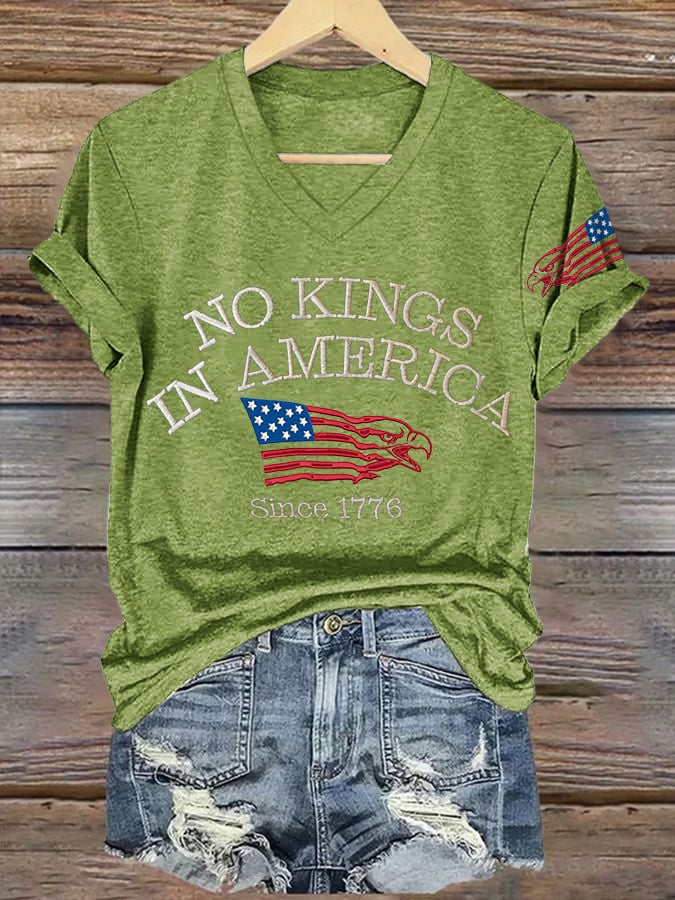 V-neck Retro No Kings In America Since 1776 Print T-Shirt
