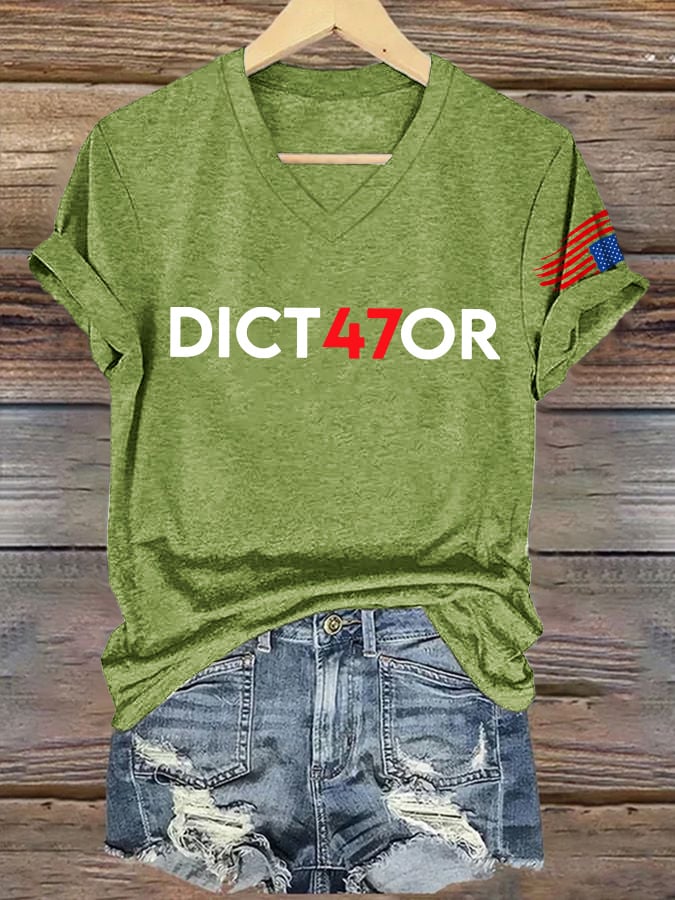V-Neck Retro Dict47or Print T-shirt