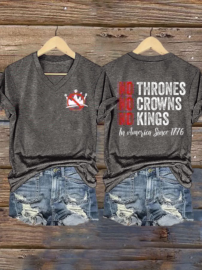 Women's Independence Day FDT NO THRONES ND CROWNS NO KINGS Printed V-Neck T-Shirt