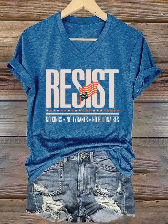 V-Neck Retro Resist No Kings No Tyrants No Billionaires Print T-Shirt