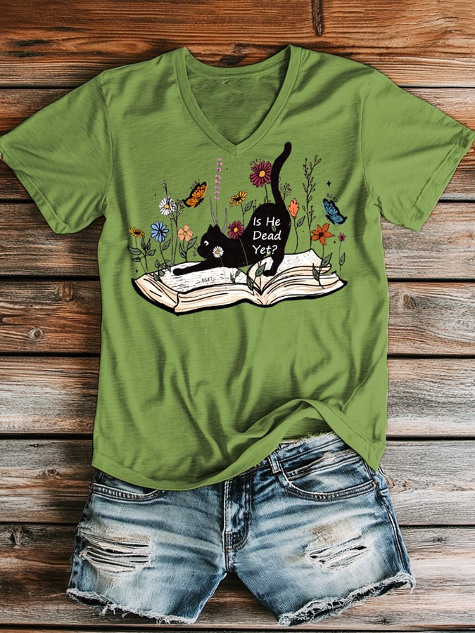 Women's casual fashion FDT cat V-neck T-shirt