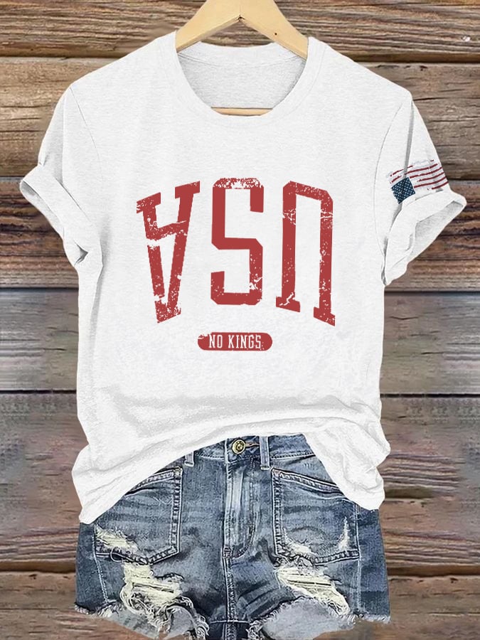 Retro Upside Down USA & Flag No Kings Print T-Shirt
