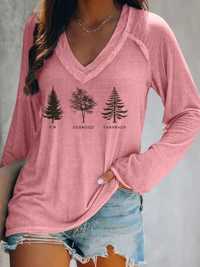 Women's fashion casual retro FDT tree long-sleeved T-shirt