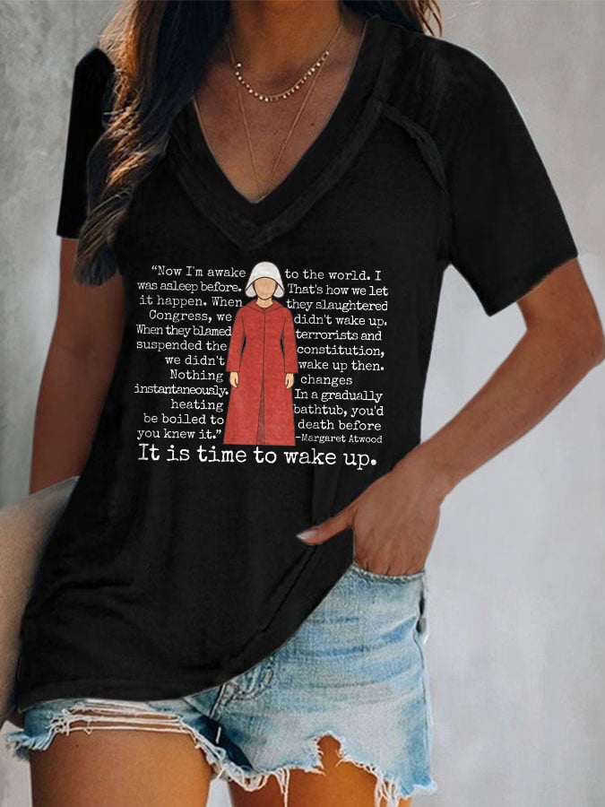 V-Neck Retro It Is Time To Wake Up Print T-Shirt