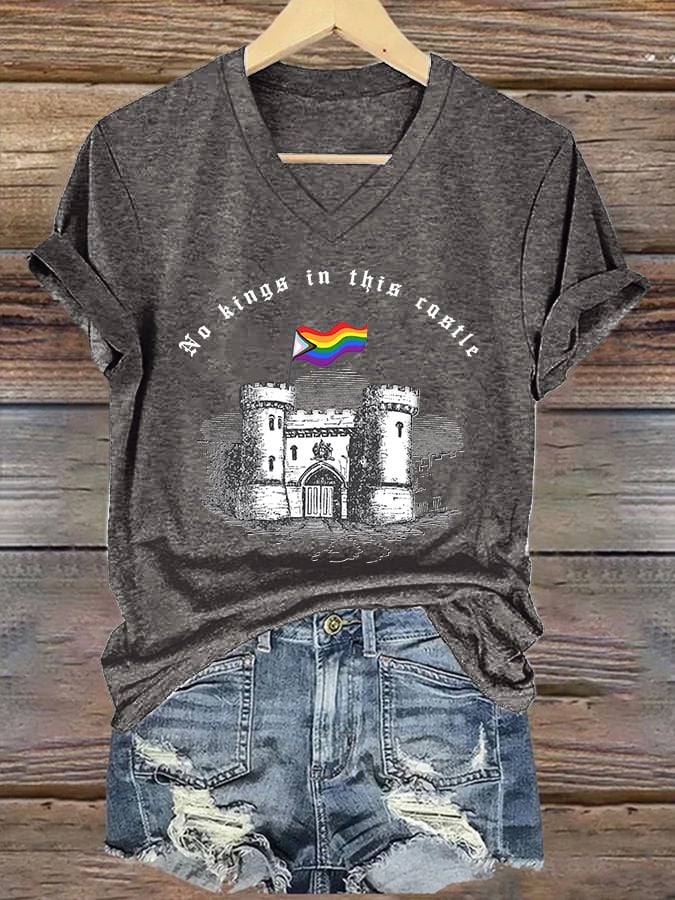 V-Neck Retro No Kings In This Castle Print T-Shirt