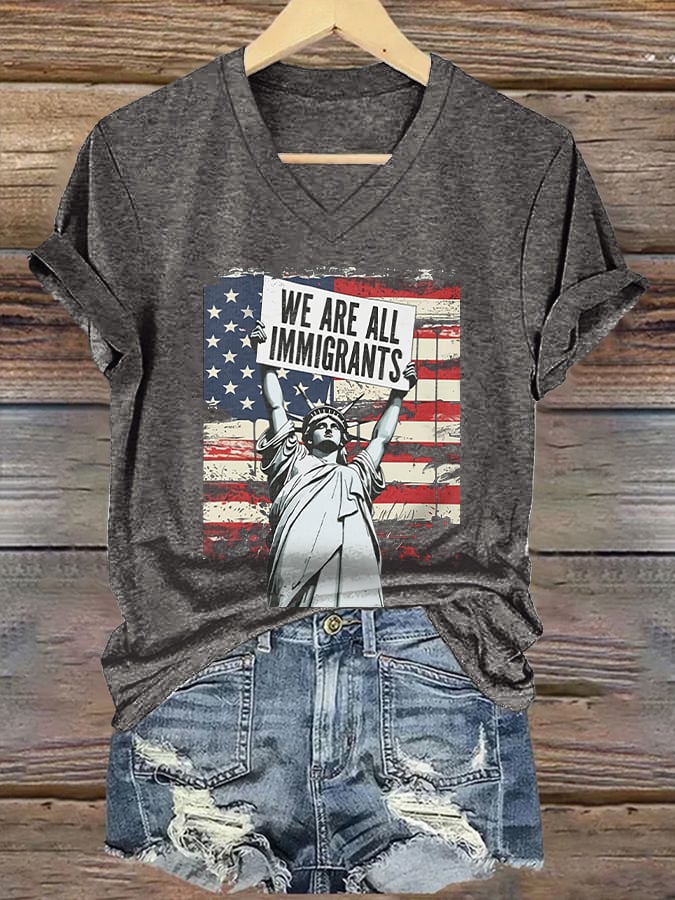 V-Neck Retro We Are All Immigrants Print T-Shirt