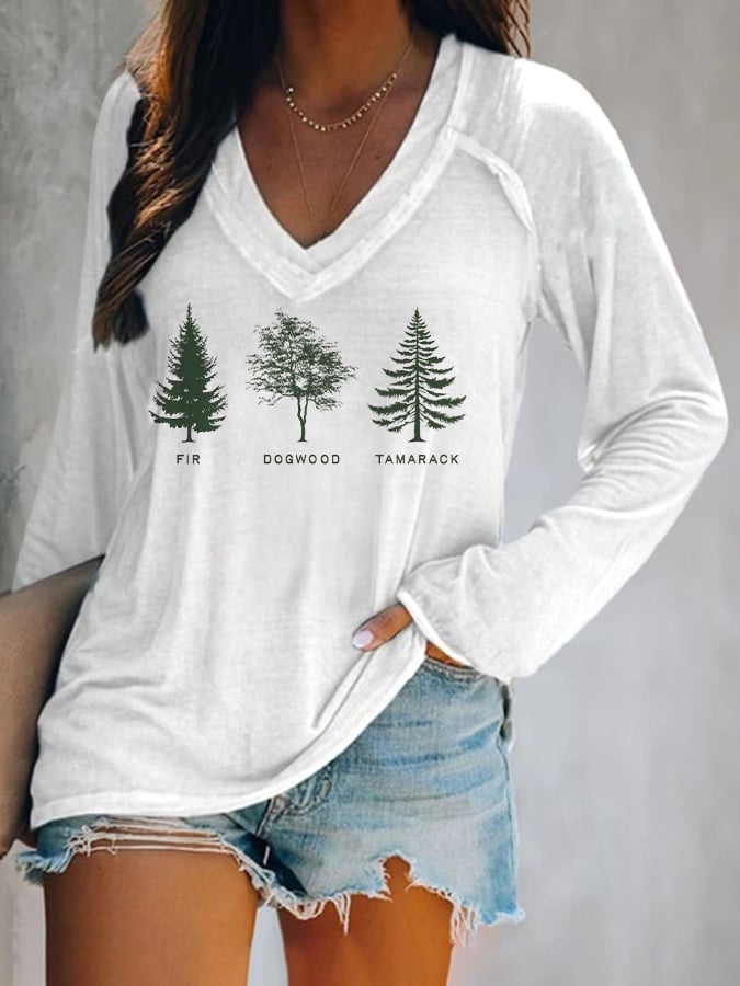 Women's fashion casual retro FDT tree long-sleeved T-shirt