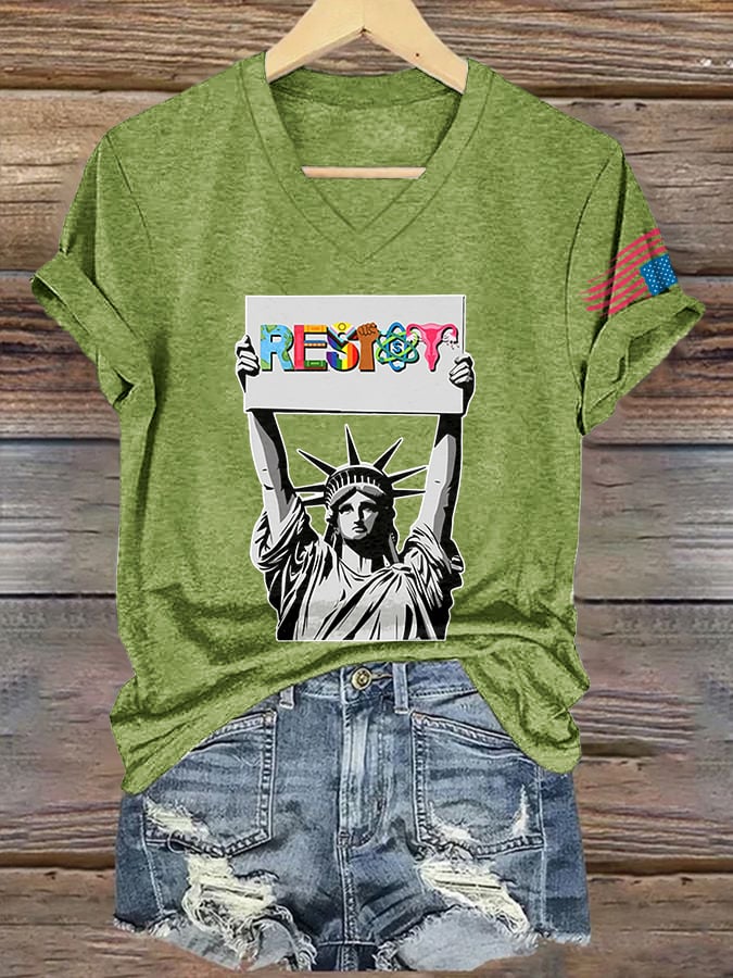 V Neck Retro Resist Print T-Shirt