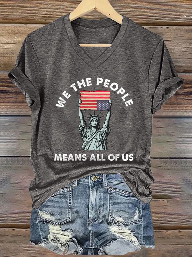 V-Neck Retro We The People Means All Of Us Print T-Shirt